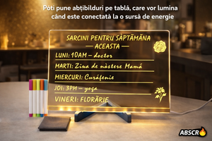 Tabla acrilica luminata LED, pentru desen si scriere, suport reglabil, 7 carioci colorate, laveta inclusa, alimentare USB, 30 x 20 cm, reutilizabila PromotiiZilnice