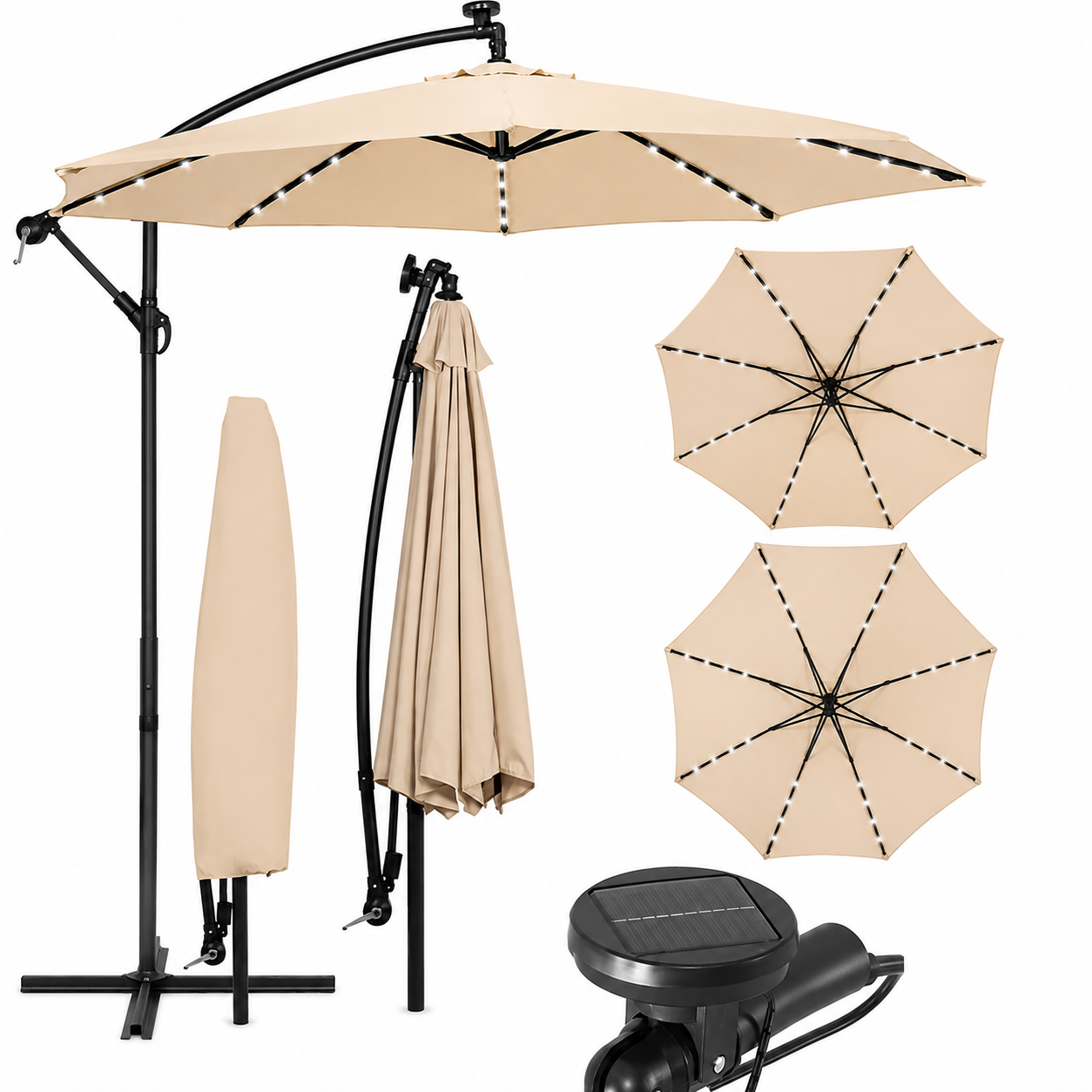 Umbrela Solara de Gradina 305 cm cu 24 LED, Inclinare Reglabila, Impermeabila, Bej