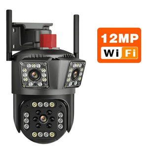 Set 2 camere triple Wi-Fi 6K, 12MP, audio bidirecțional, detecție mișcare AI, night vision, PTZ PromotiiZilnice