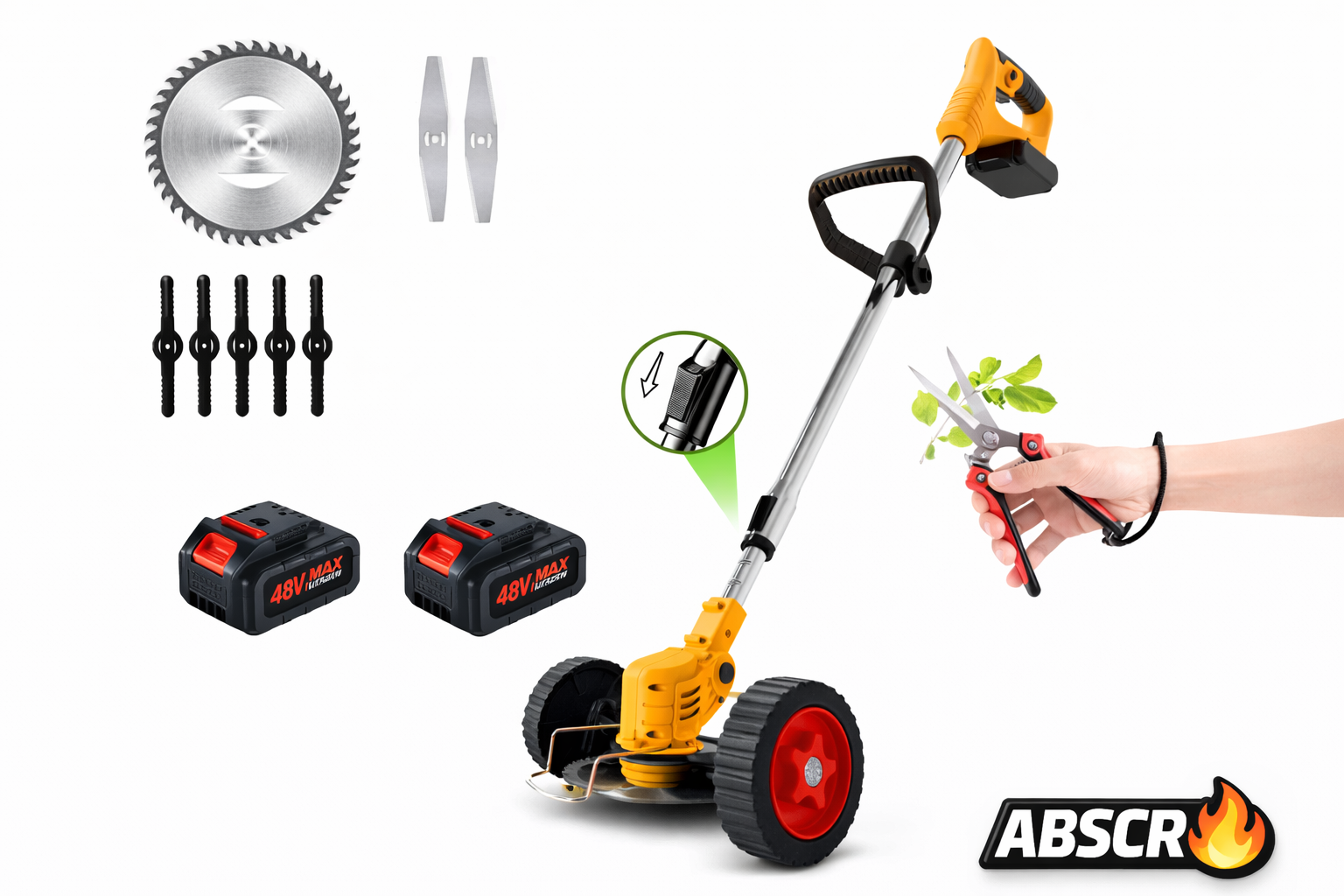 Motocoasă Electrică cu 2 Acumulatori 48V 4000 mAh, 18000 RPM, cu Roți Detasabile, Disc + 2 Lame + 5 Palete Incluse – Trimmer Profesional Iarbă și Buruieni