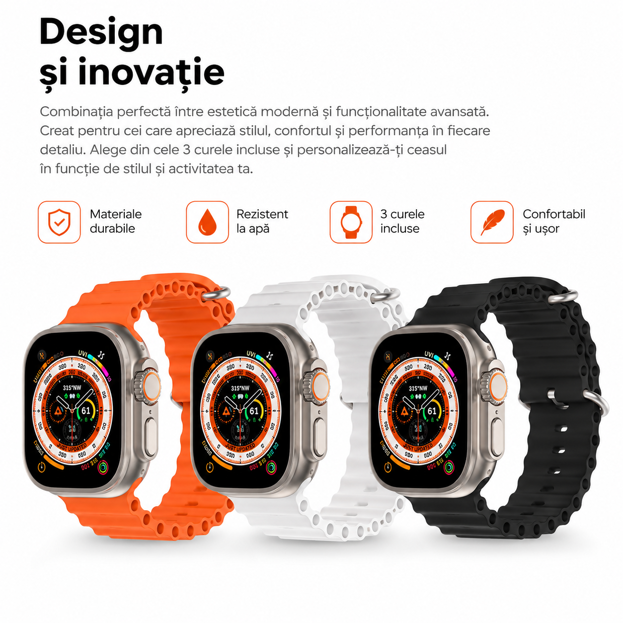 Ceas Smart Ultra cu 3 Curele – Apeluri Bluetooth, Monitorizare Activitate, Moduri Sport, IP65