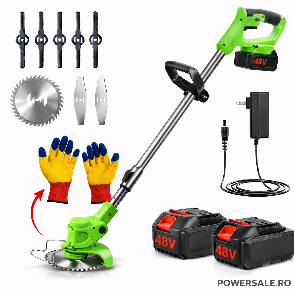 Motocoasă Electrică cu Acumulator 48V 4000 mAh, 20.000 RPM, Braț Reglabil, Autonomie 4 Ore + CADOU Mănuși Protecție