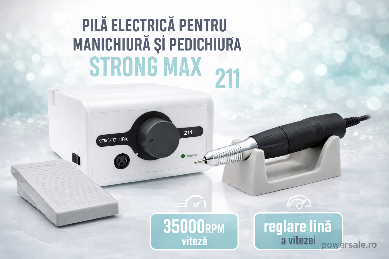 Pila Electrică Strong Max 211, 65W, 35000 RPM – Freză Unghii Profesională Manichiură & Pedichiură Albă