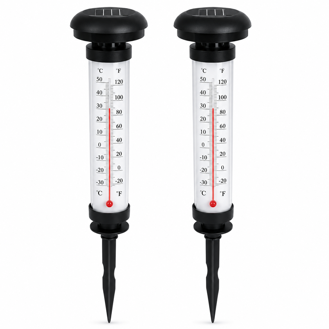 Set 2 Termometre Solare de Gradina cu Lampa LED, Afisaj Dual Celsius/Fahrenheit, Aprindere Automata, Incarcare Solara, Tarus Inclus, 35 cm, Negru