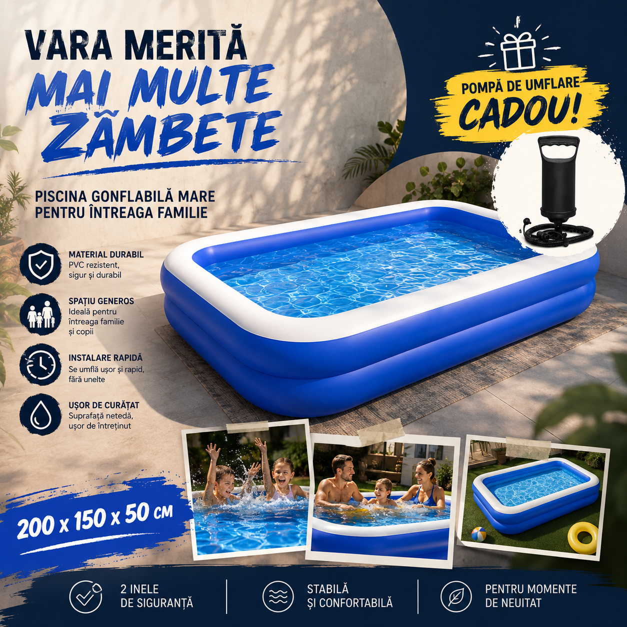 Piscina gonflabila familiala 200x150x50 cm cu pompa de umflare cadou, PVC rezistent, 2 inele de aer