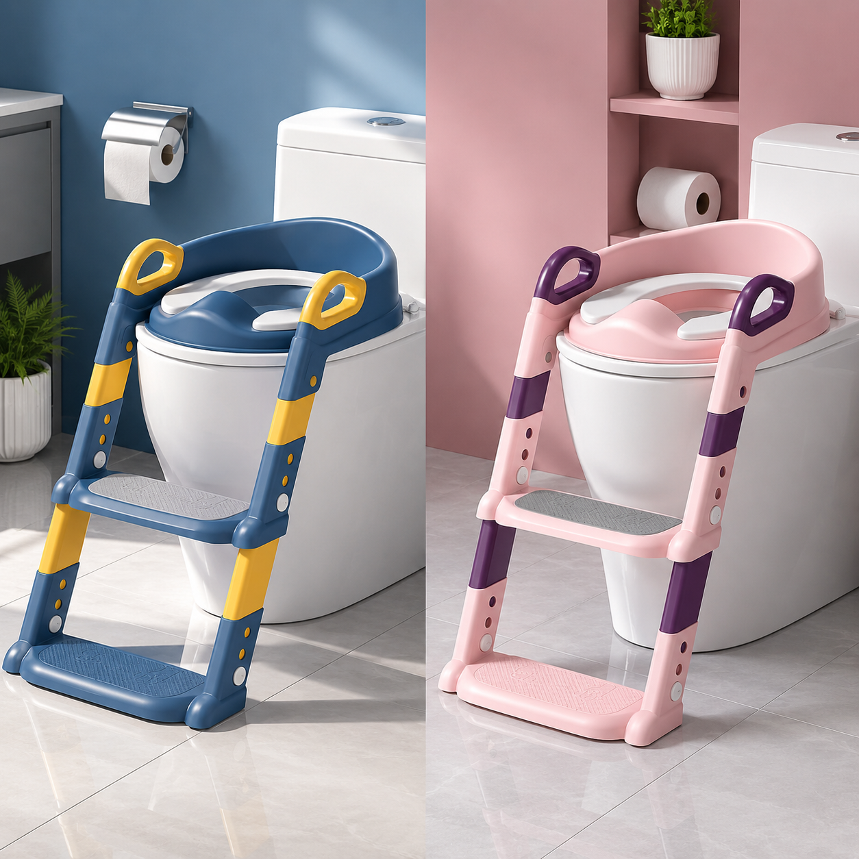 Reductor WC pentru Copii cu Scăriță Reglabilă, Pliabil, Antiderapant, Compatibil Universal, Roz & Albastru