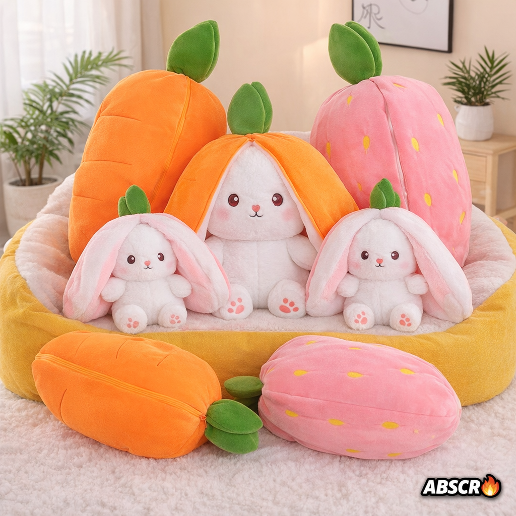 Set 2x Iepuraș de pluș transformabil 2 în 1 (morcov/căpșună) 30 cm – jucărie moale fleece & bumbac copii PromotiiZilnice