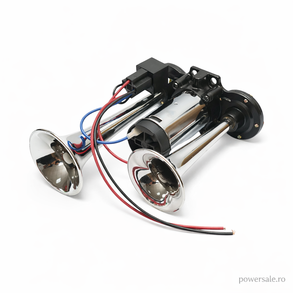 Claxon auto premium cromat cu doua goarne, compresor inclus, 12V