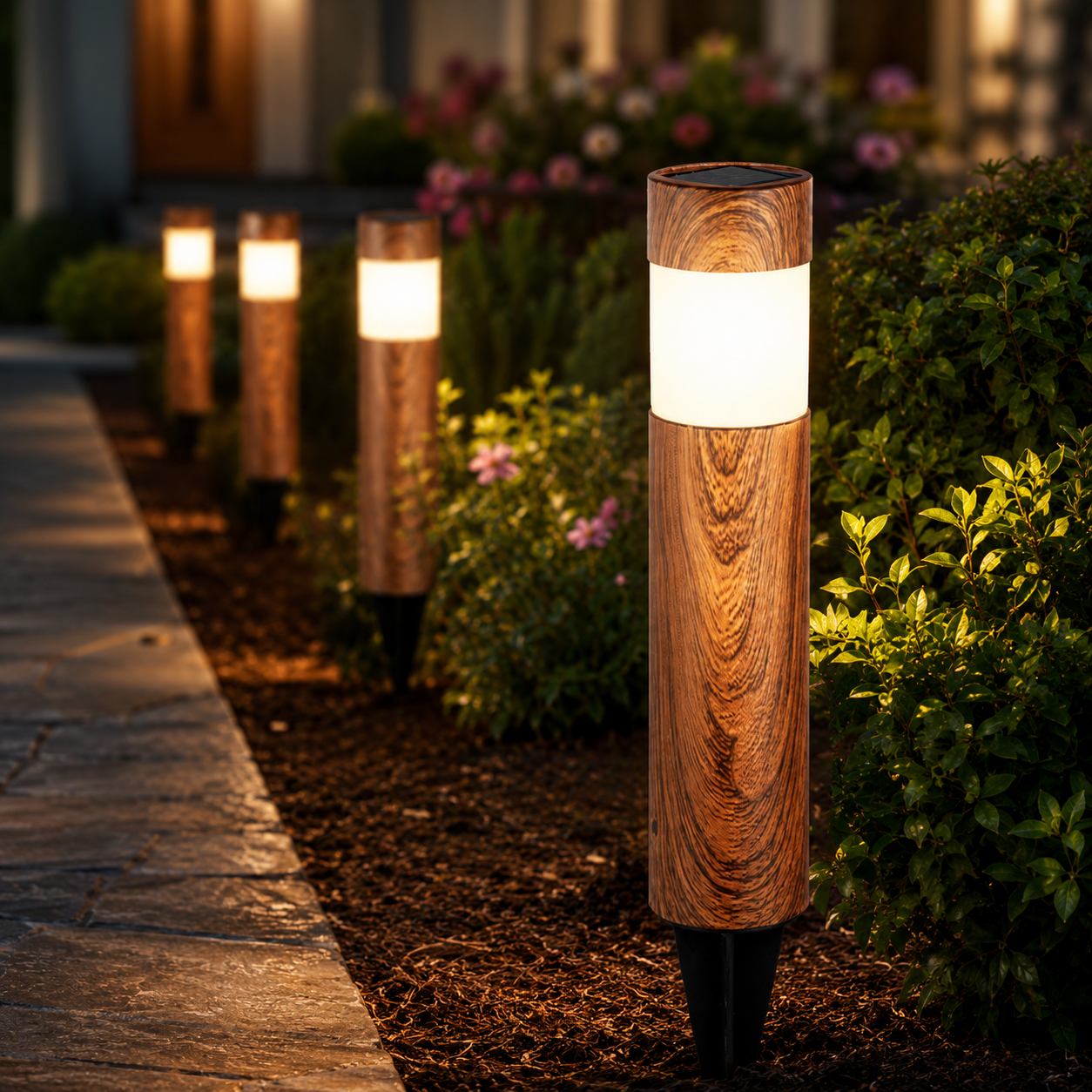 Set 4 Lampi Solare LED pentru Gradina si Alei, Aspect Lemn Natural, Aprindere Automata, Rezistente la Intemperii, Lumina Alba Calda