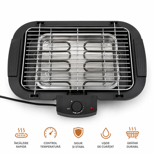 Gratar Electric 2000W, Termostat Reglabil, Grill Portabil pentru Interior si Exterior, Suprafata Mare de Gatire, Incalzire Rapida, Negru PromotiiZilnice