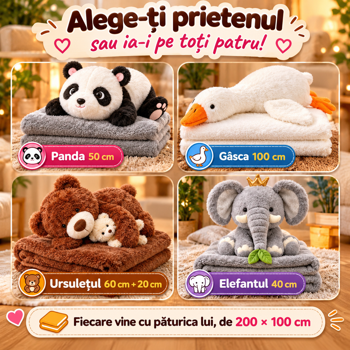 Jucărie de Pluș 2 în 1 cu Păturică Pufoasă 200 × 100 cm, Fermoar Ascuns, Panda, Gâscă, Ursuleț sau Elefant, Model la Alegere