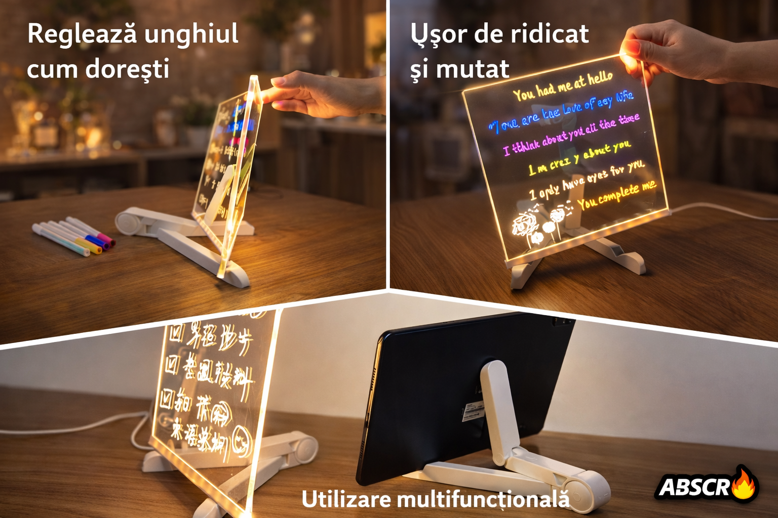 Tabla acrilica luminata LED, pentru desen si scriere, suport reglabil, 7 carioci colorate, laveta inclusa, alimentare USB, 30 x 20 cm, reutilizabila PromotiiZilnice