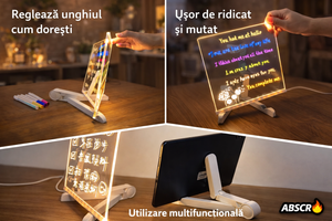 Tabla acrilica luminata LED, pentru desen si scriere, suport reglabil, 7 carioci colorate, laveta inclusa, alimentare USB, 30 x 20 cm, reutilizabila PromotiiZilnice