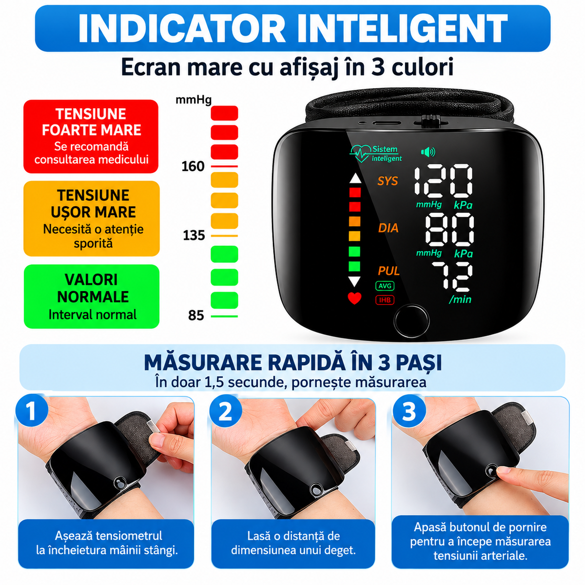 Tensiometru Digital de Încheietură, Ecran LED Mare, Măsurare Automată, Detectare Puls Neregulat, Memorie, Anunț Vocal, USB-C, Negru
