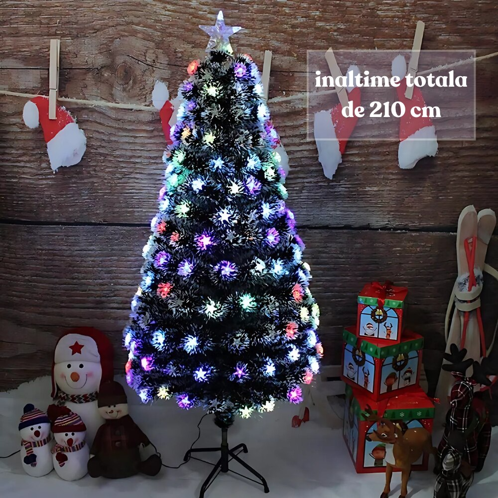 Brad Craciun 210 cm cu 240 LED RGB si Fibra Optica, Stea Luminoasa, Suport Metalic, IP20 – Verde