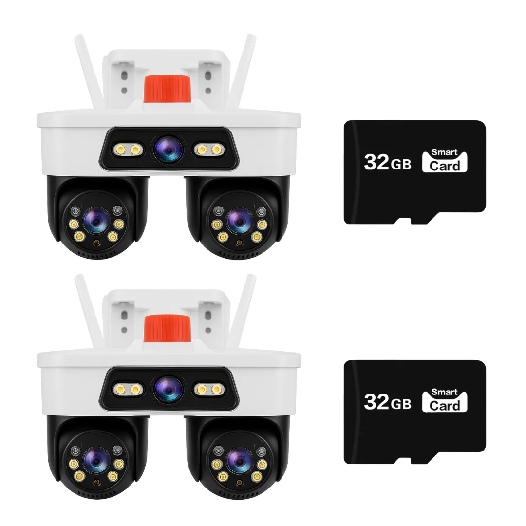 Set 2 Camere WiFi Exterior 9MP 6K cu 3 Lentile si Cap PTZ 355°, Viziune Nocturna Color si Audio Bidirectional, IP66 + 2 x Card 32GB