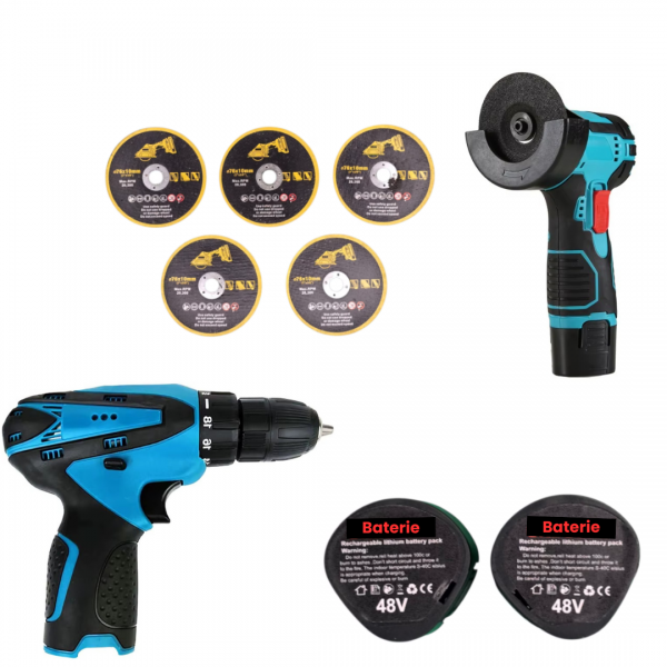 Set portabil 2 în 1: Mașină de găurit de 48 V și polizor unghiular de 10.000 RPM cu baterii, discuri de tăiere și accesorii - PromotiiZilnice